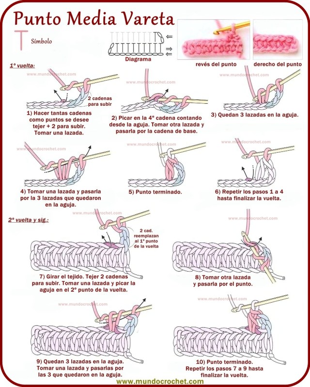Punto media vareta-medio punto alto o medio punto vareta en crochet o ganchillo