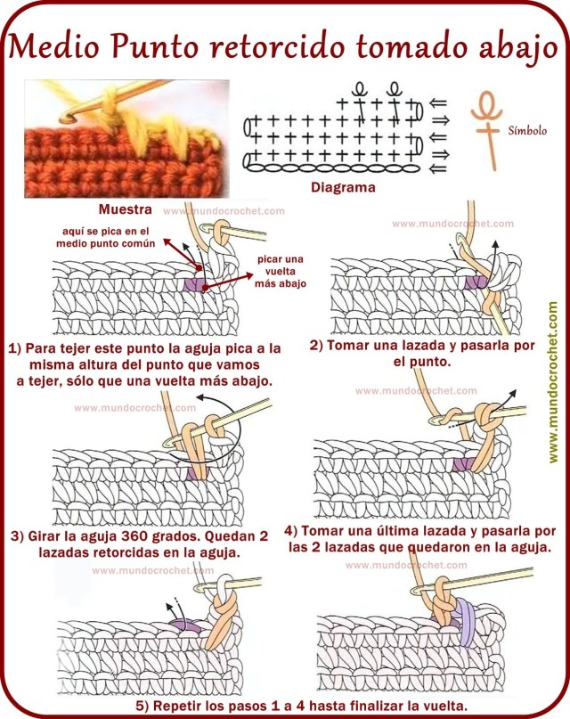 Medio punto retorcido tomado una vuelta mas abajo a crochet o ganchillo