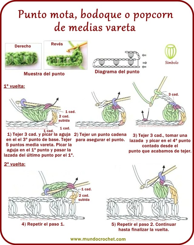 Punto mota, bodoque o popcorn de medias varetas a crochet o ganchillo