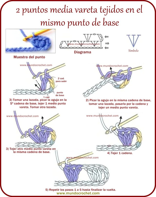 3 puntos media vareta tejidos en el mismo punto de base a crochet o ganchilloe