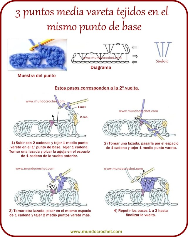 3 puntos media vareta tejidos en el mismo punto de base a crochet o ganchillo