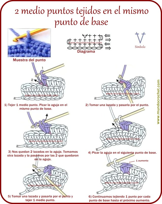 2 medio puntos tejidos en el mismo punto de base a crochet o ganchillo