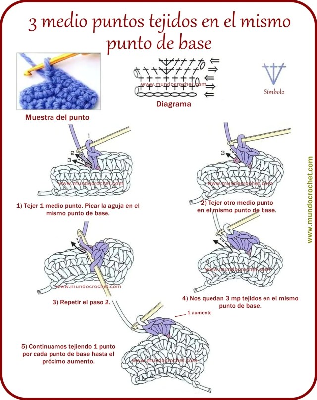 3 medio puntos tejidos en el mismo punto de base a crochet o ganchillo