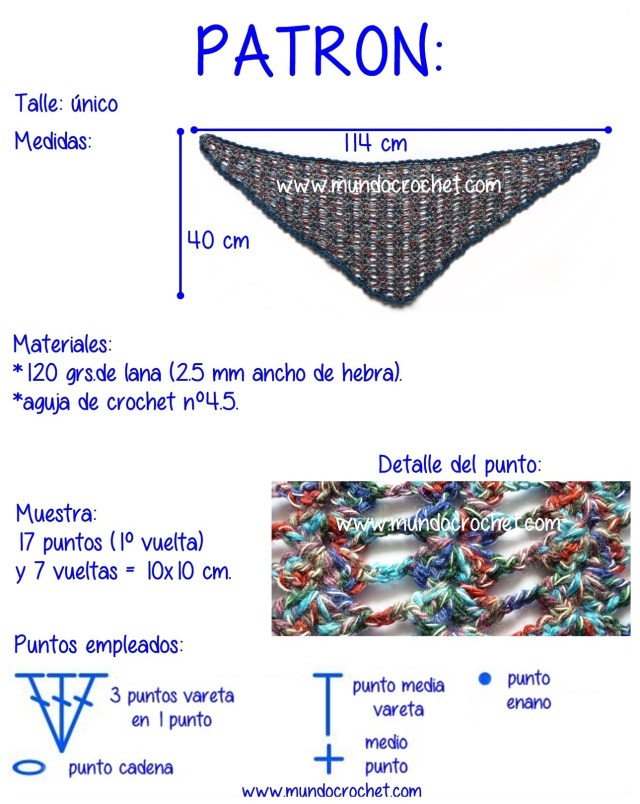 Patron chal corto o baktus a crochet o ganchillo en punto abanico de varetas