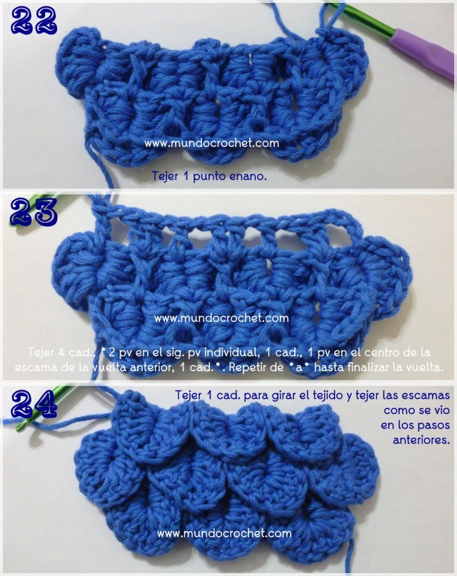 Como tejer el punto cocodrilo o escama a crochet o ganchillo paso a paso
