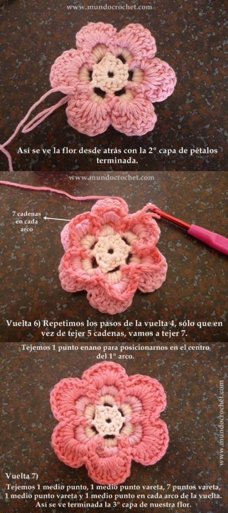 Como tejer una flor en capas a crochet o ganchillo paso a paso
