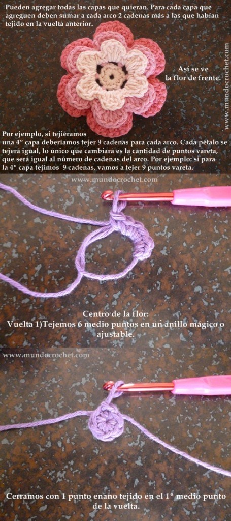Como tejer una flor en capas a crochet o ganchillo paso a paso