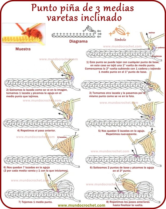 Punto piña de 3 medias varetas inclinado a crochet o ganchillo