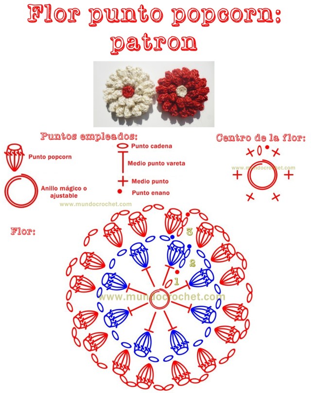 Patron flor en punto popcorn a crochet o ganchillo