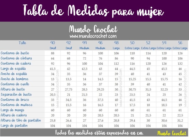 Tabla de medidas para mujer tejidos crochet ganchillo