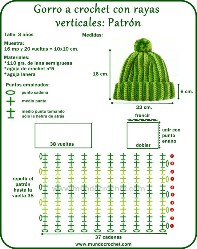 Patron gorro a crochet o ganchillo con rayas verticales con paso a paso