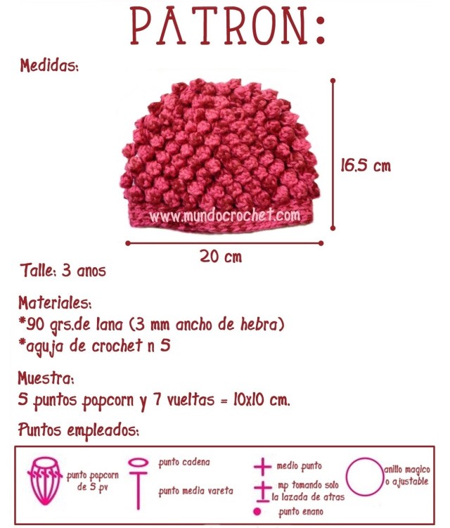 Patron gorro en punto popcorn a crochet o ganchillo