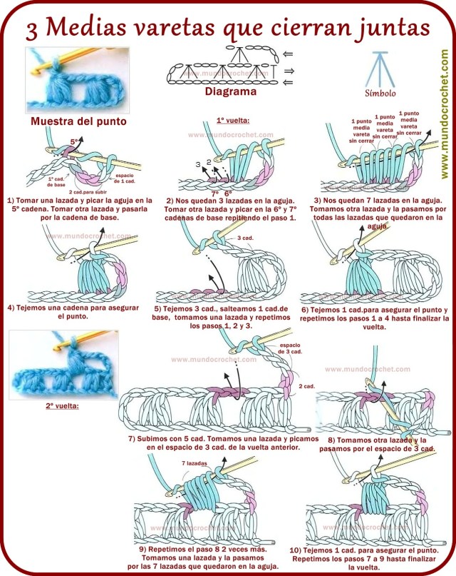 3 Puntos media vareta que cierran juntos a crochet o ganchillo