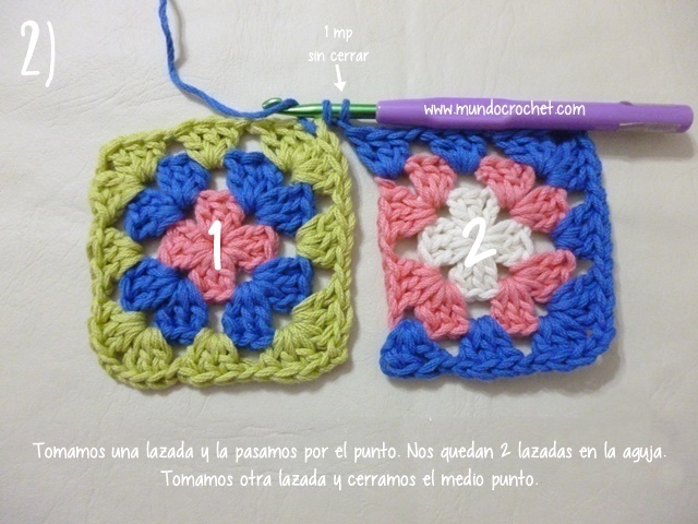 Como unir cuadrados granny con medio punto mientras tejemos