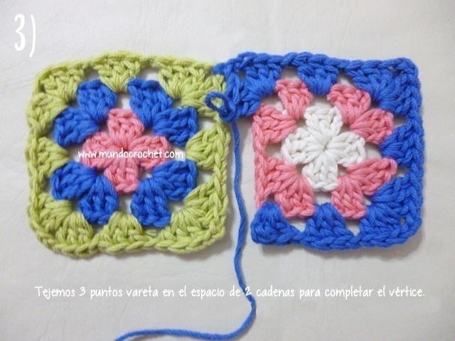Como unir cuadrados granny con medio punto mientras tejemos