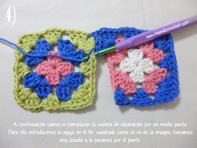 Como unir cuadrados granny con medio punto mientras tejemos