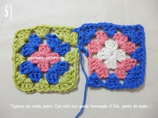 Como unir cuadrados granny con medio punto mientras tejemos