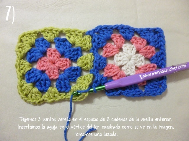 Como unir cuadrados granny con medio punto mientras tejemos