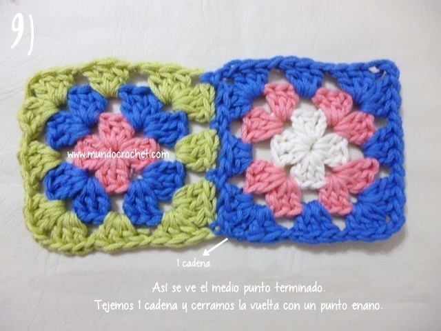 Como unir cuadrados granny con medio punto mientras tejemos