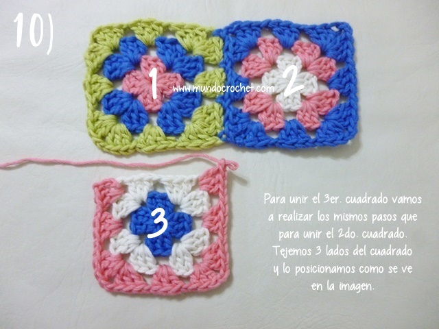 Como unir cuadrados granny con medio punto mientras tejemos