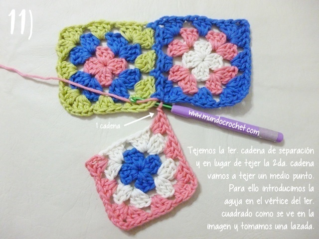 Como unir cuadrados granny con medio punto mientras tejemos