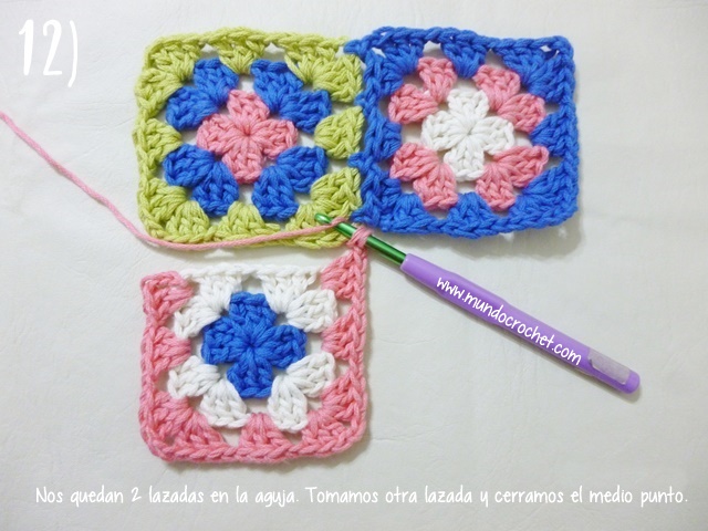 Como unir cuadrados granny con medio punto mientras tejemos