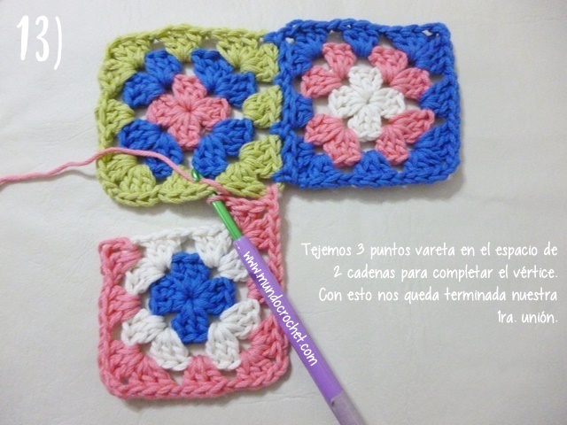 Como unir cuadrados granny con medio punto mientras tejemos