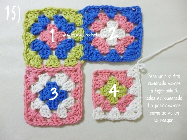 Como unir cuadrados granny con medio punto mientras tejemos