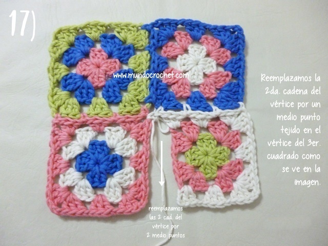 Como unir cuadrados granny con medio punto mientras tejemos