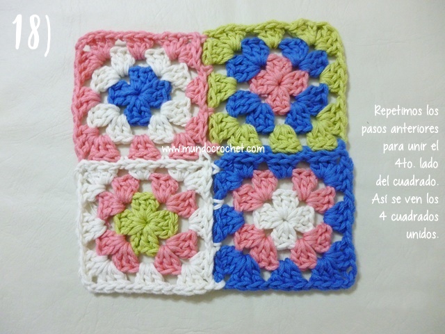 Como unir cuadrados granny con medio punto mientras tejemos