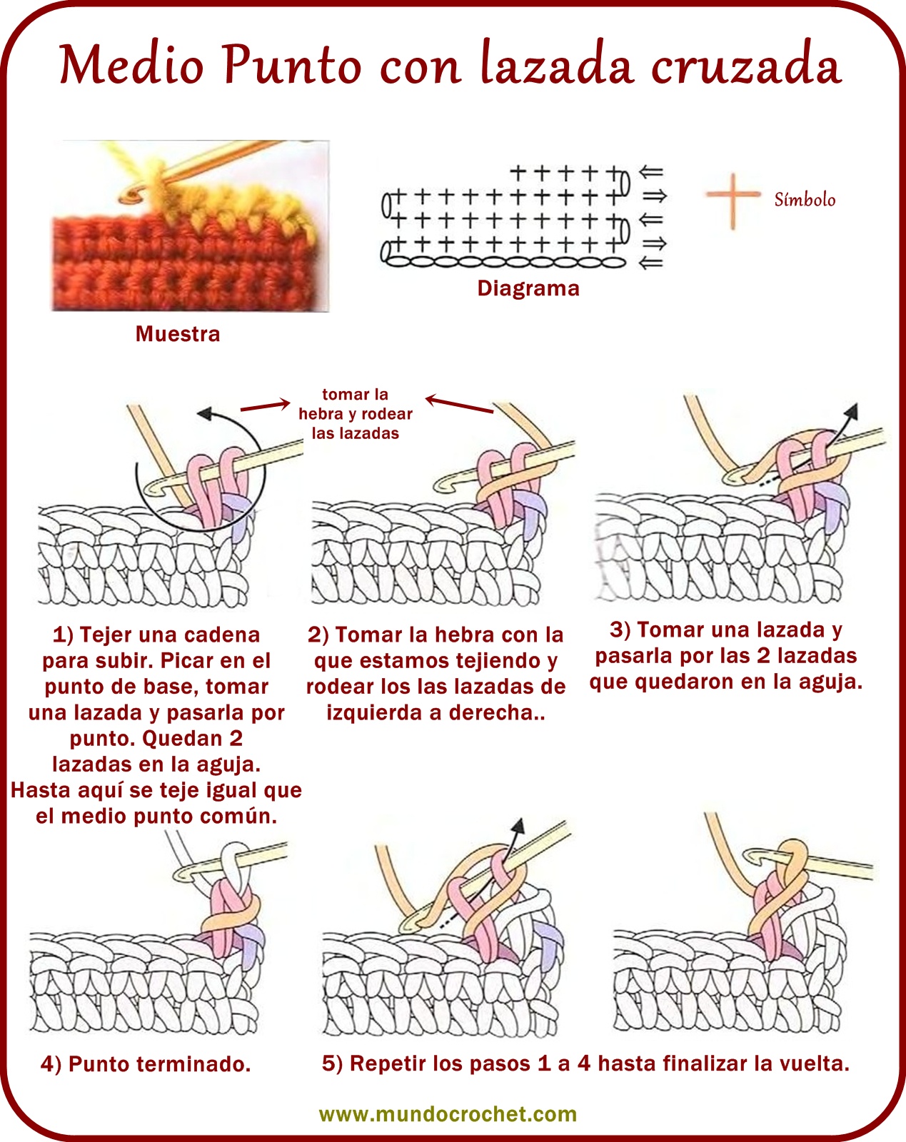 Medio punto - Single crochet - вязание крючком пунктов 49-Medio punto con lazada cruzada